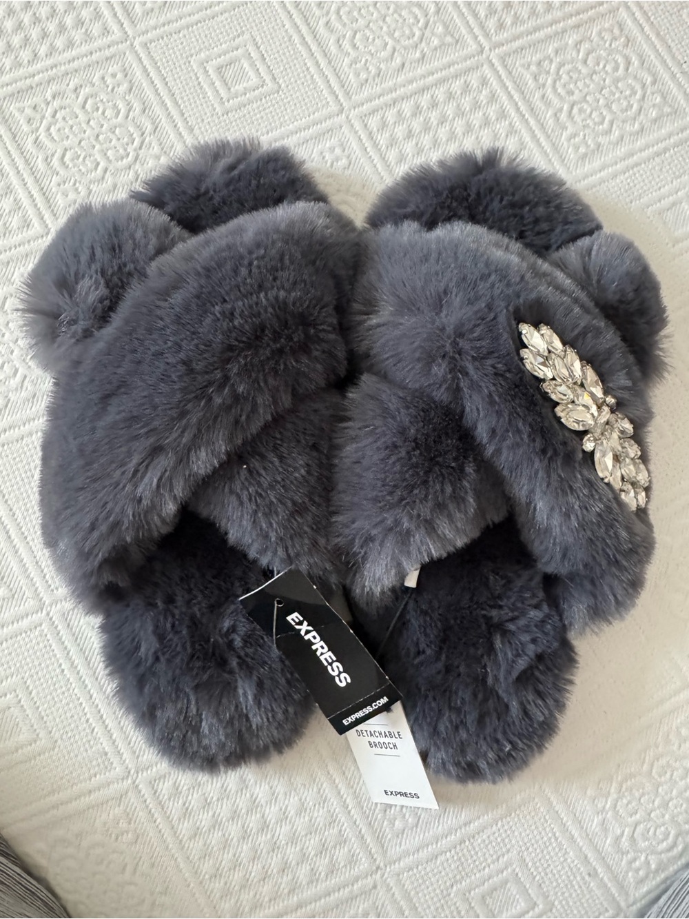 Express Women's Dark Gray Faux Fur Crisscross Slippers with Jewel Brooch